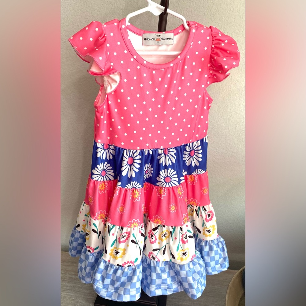 Adorable Sweetness Pink Polkadot Blue Gingham Daisy Floral Pullover Dress 2T